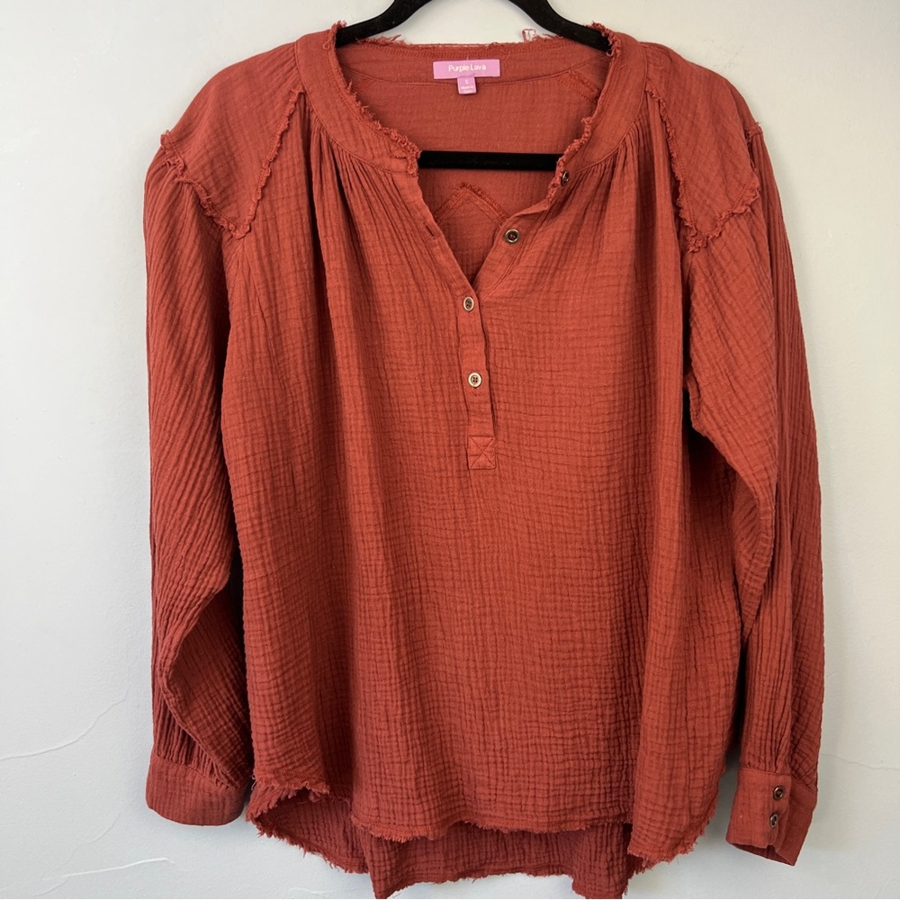 Purple Lava Gauzy Oversized Henley Top Size S Raw Seam Deep Mauve Boho Lagenlook